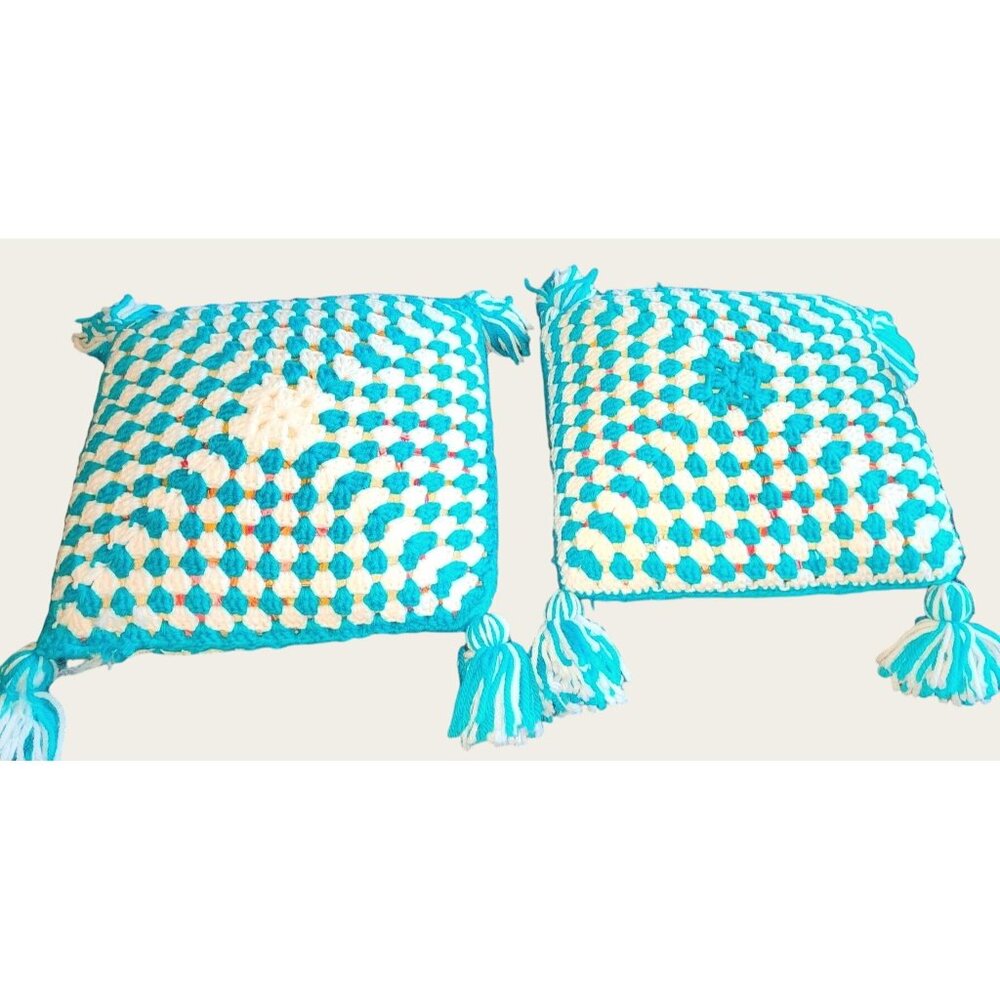 Handmade Vintage Crochet Covered Pillows With Tassels Teal White Kitsch